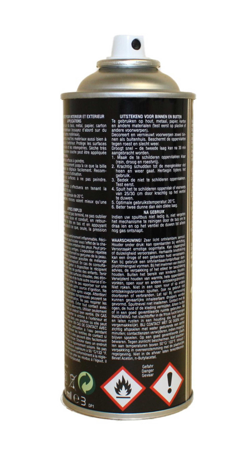 Sparvar spray de color, laca acrílica de alto brillo 400 ml, bote parte posterior con indicaciones de peligro y etiquetado GHS