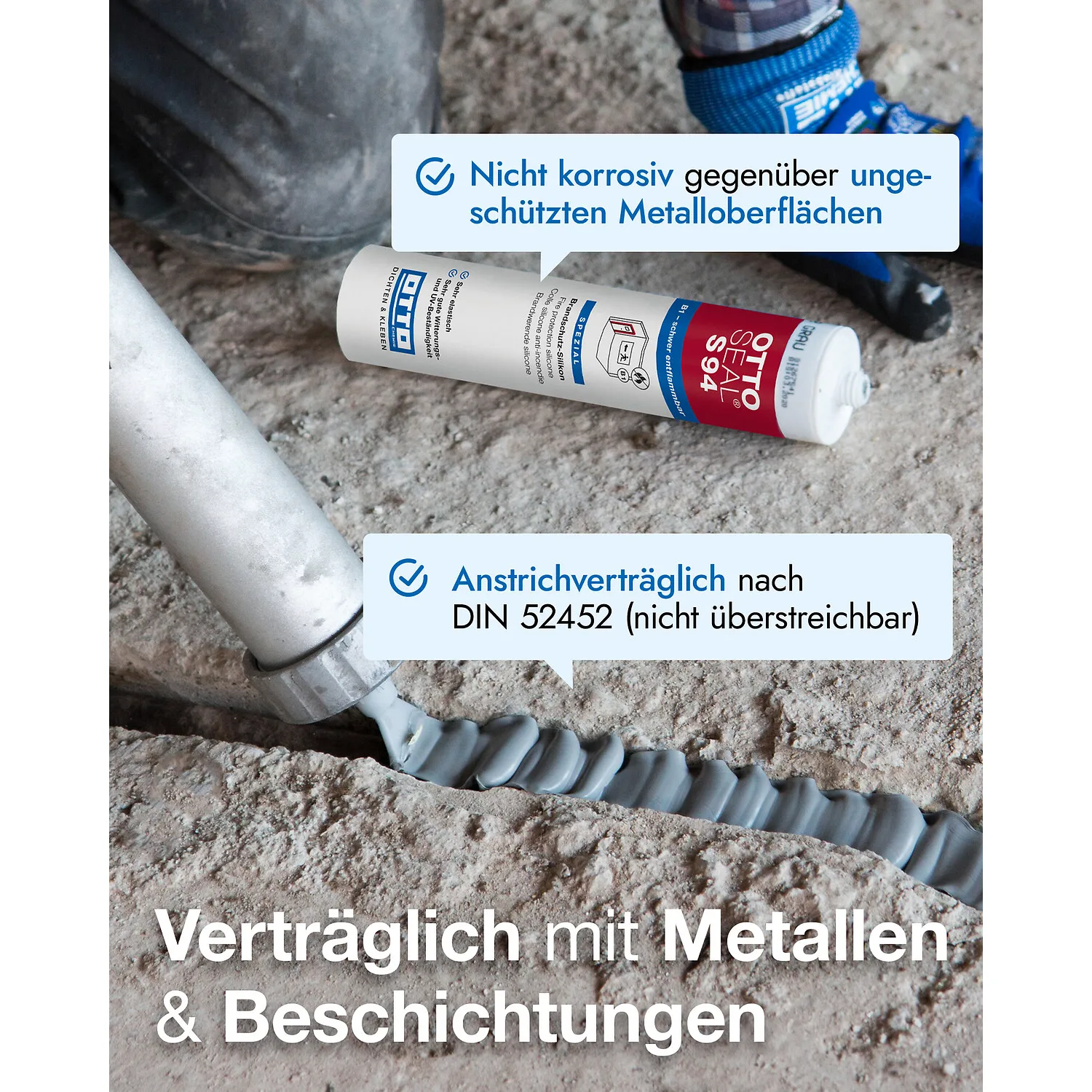 Ottoseal S94 Brandschutz Silikon B1, Anwendung: Fuge auf Beton, verträglich mit Metallen und Beschichtungen