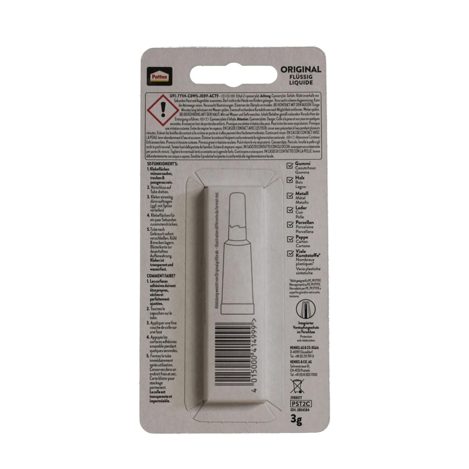 Pattex Sekundenkleber Original flüssig, Tube 3 g – Blisterverpackung Rückseite