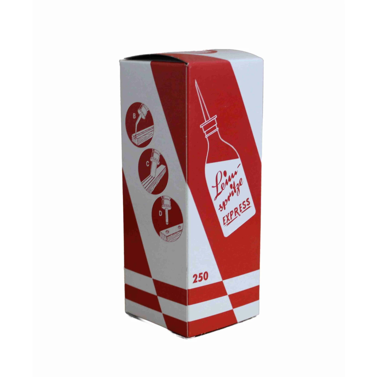 Leimflasche leer mit Dosierspitze, 250 ml transparent – Faltschachtel schräg