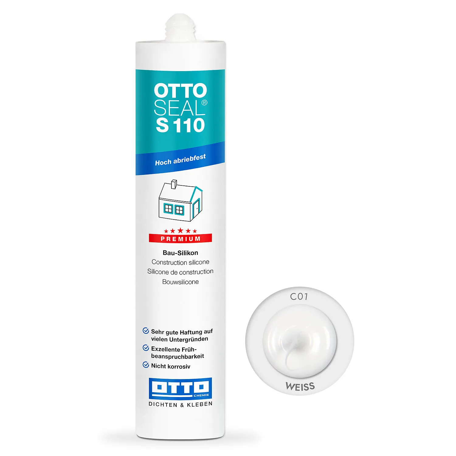 Ottoseal S110 Bausilikon weiß, Kartusche 310ml, elastischer Silikondichtstoff für Bauanschlussfugen
