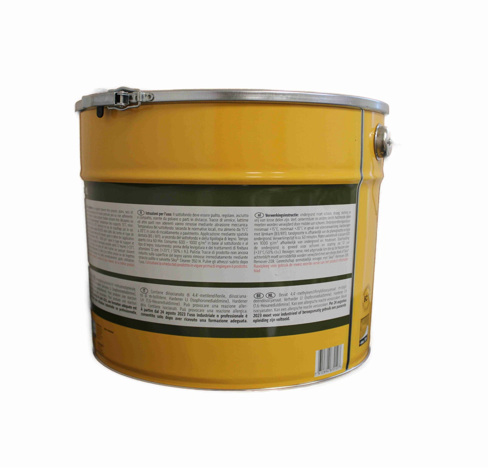 Rückseite des 13-kg-Metalleimers Sika SikaBond-54 Parquet mit mehrsprachigem Etikett und Verarbeitungshinweisen