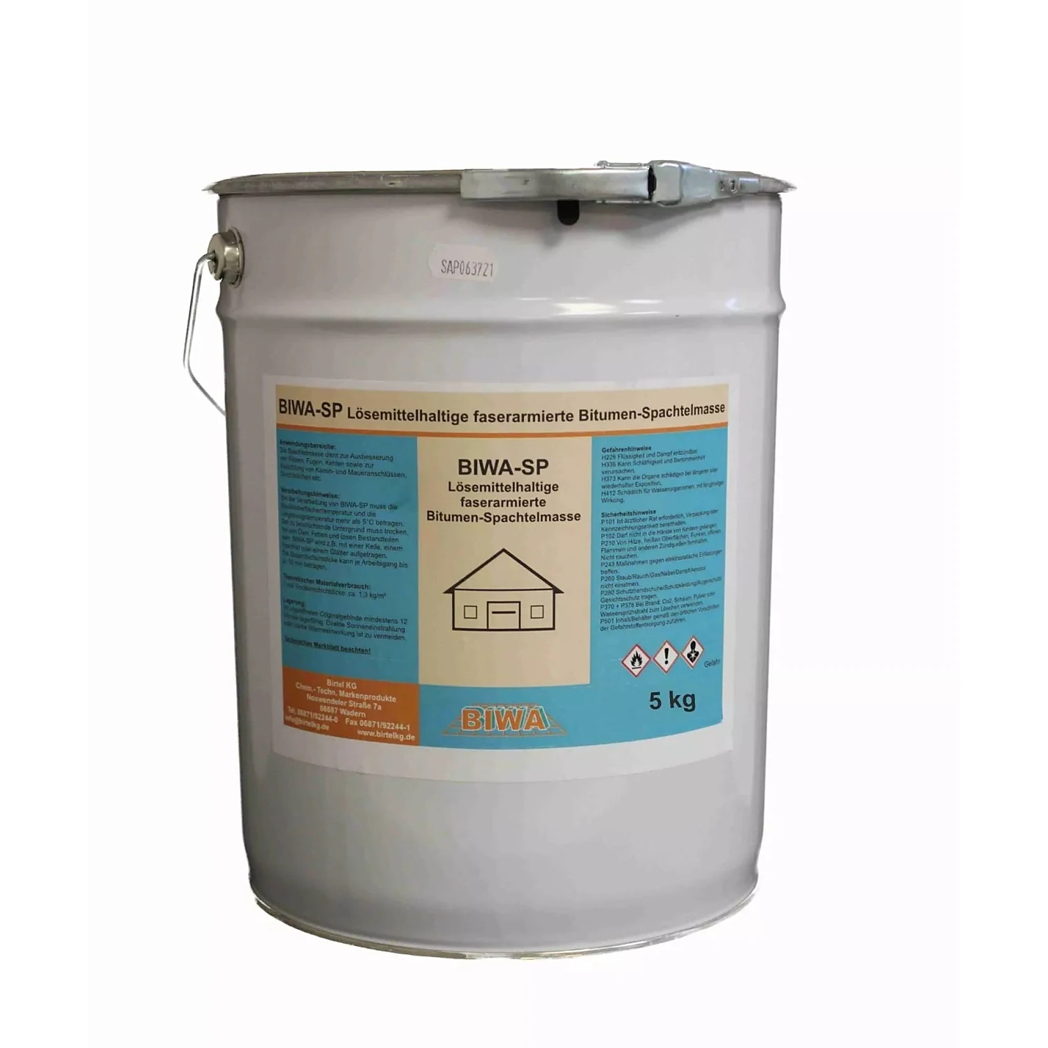 BIWA-SP Bitumen-Spachtelmasse 5-kg-Eimer, Etikett mit Anwendungs- und Gefahrenhinweisen