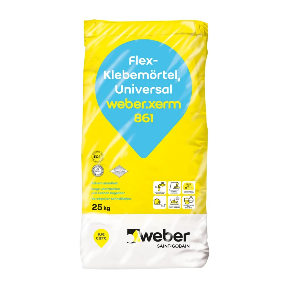 Saint-Gobain weber.xerm 861 Fliesenkleber C2TE S1, 25-kg-Sack hellgrau, Freisteller auf weissem Hintergrund