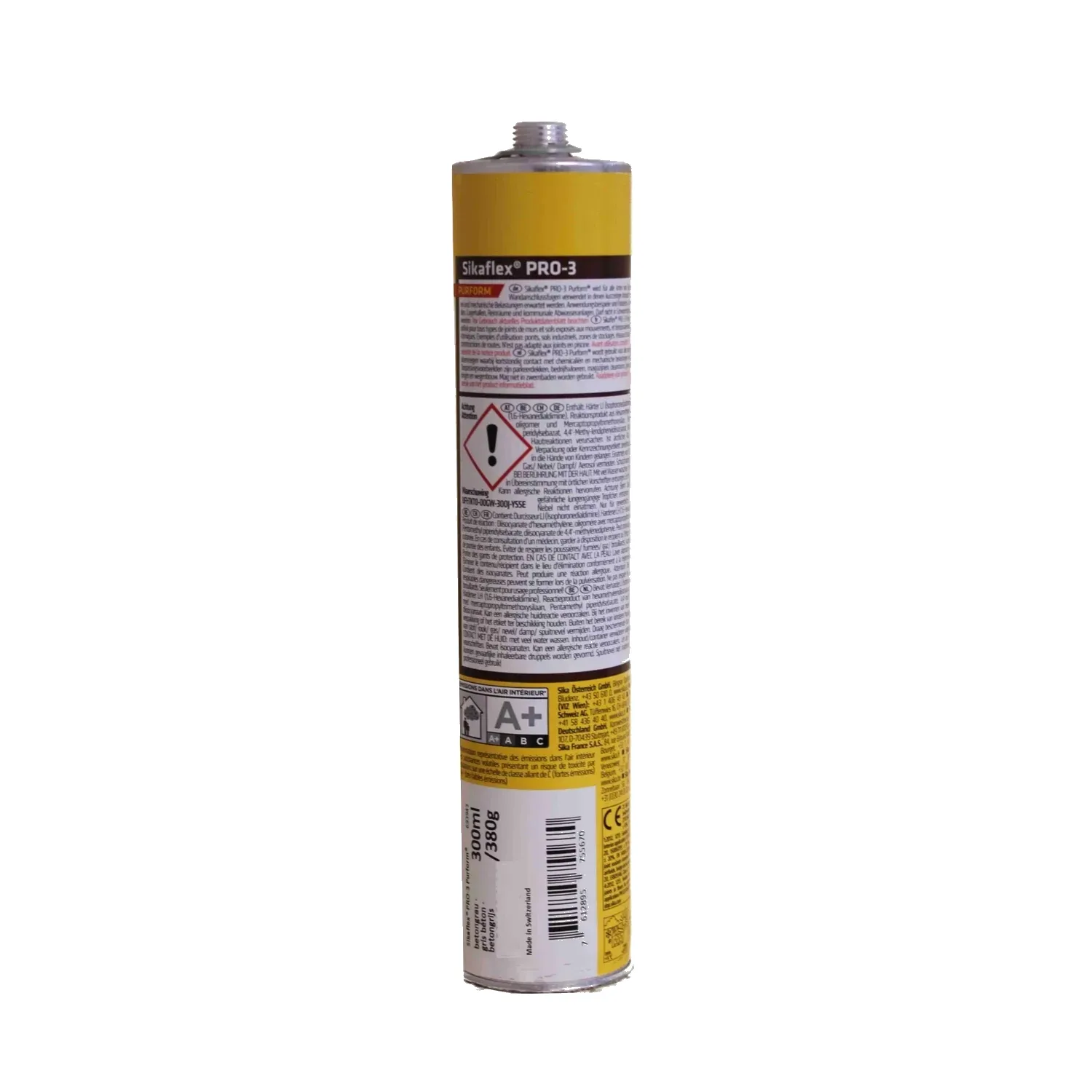 Sikaflex PRO-3 Purform 300-ml-Kartusche, Rückseite mit Etikett, Gefahrenhinweisen und Piktogrammen