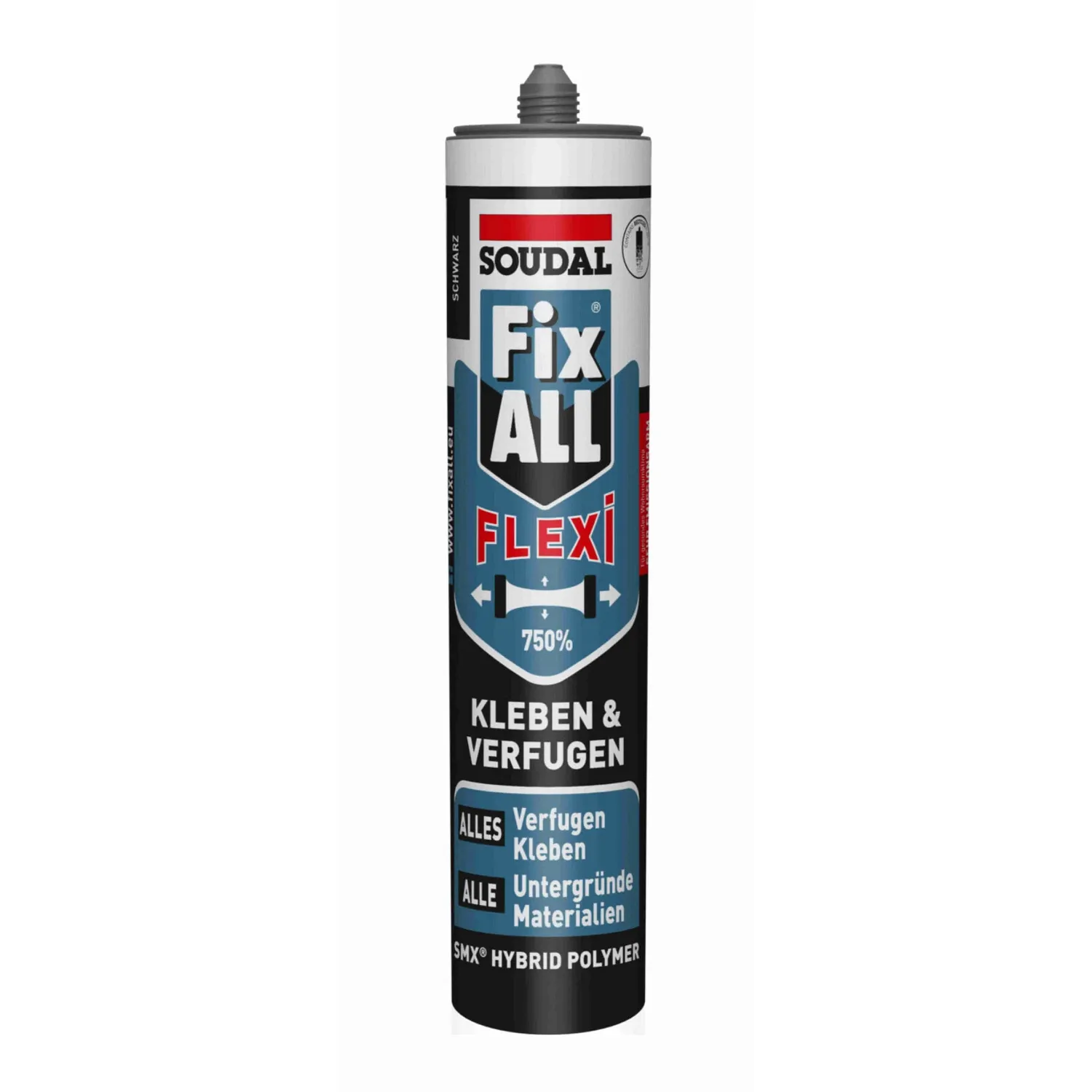 Soudal Fix All Flexi lim og fugemasse varigt elastisk 470 g, patron set forfra med gråt hoved