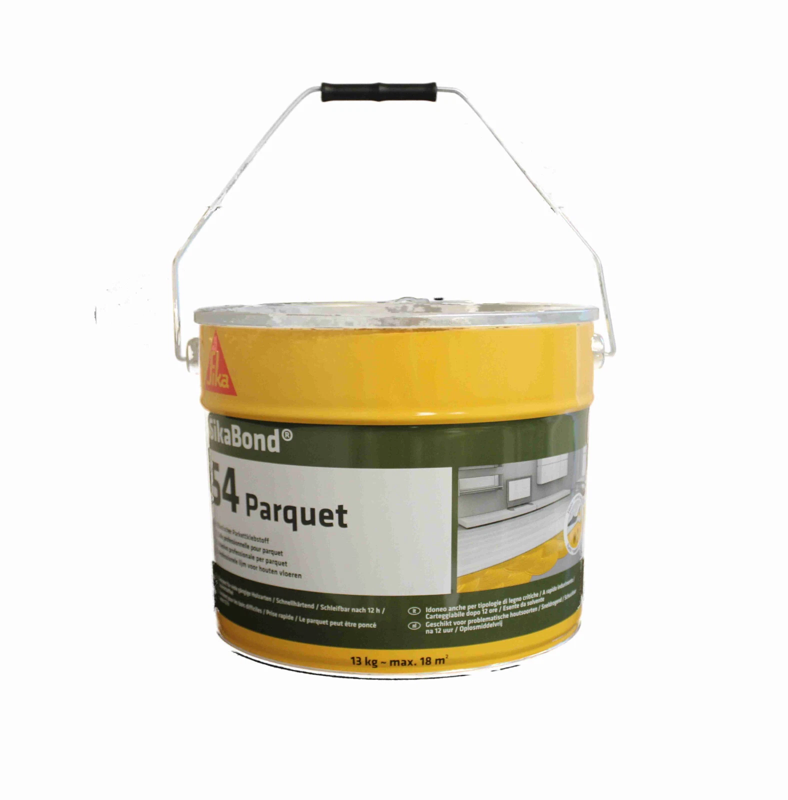 Sika SikaBond-54 Parquet Parkettkleber 13 kg, Metalleimer mit hochgestelltem Tragebügel, Dreiviertelansicht