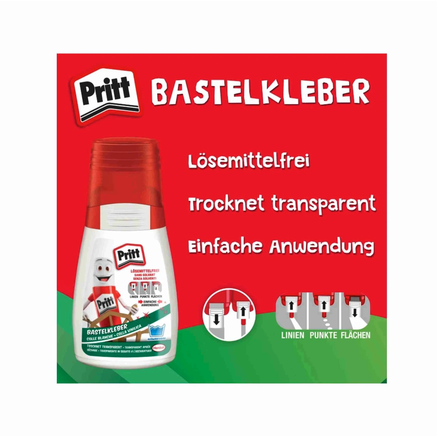 Pritt Bastelkleber lösemittelfrei weiß, Flasche 100 g – Grafik: lösemittelfrei, trocknet transparent, einfache Anwendung