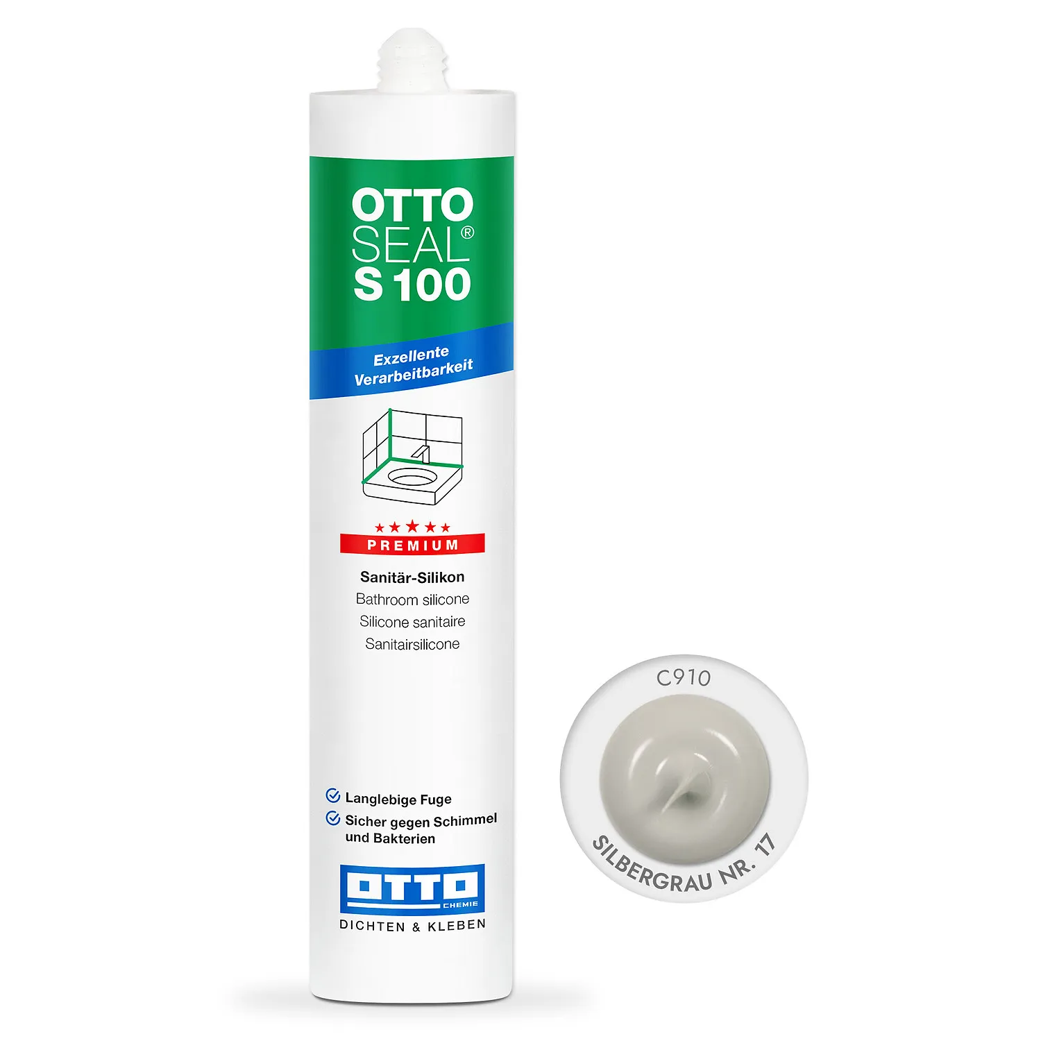Ottoseal S100 Premium Sanitärsilikon silbergrau Nr. 17, 310ml, elastische Fuge für Bad
