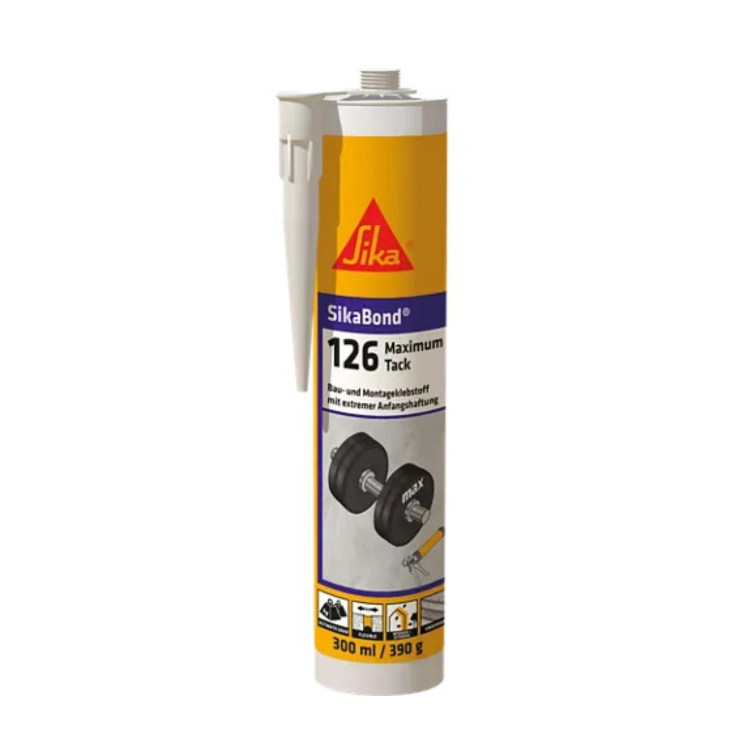 Sika SikaBond 126 Maximum Tack, 300-ml-Kartusche stehend von vorn, Etikett „Bau- und Montageklebstoff mit extremer Anfangshaftung, 300 ml / 390 g“, Freisteller