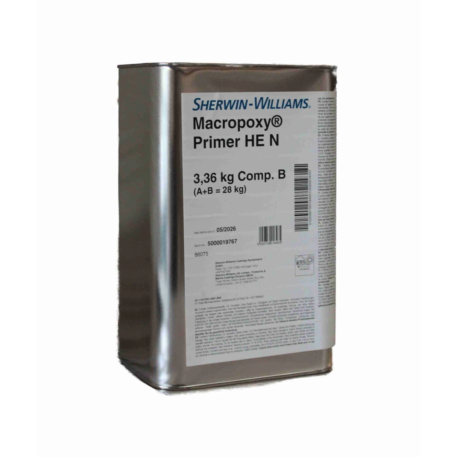 Macropoxy Primer HE N Epoxid-Grundierung sandgelb, 28 kg – Kanister Komponente B, Vorderseite