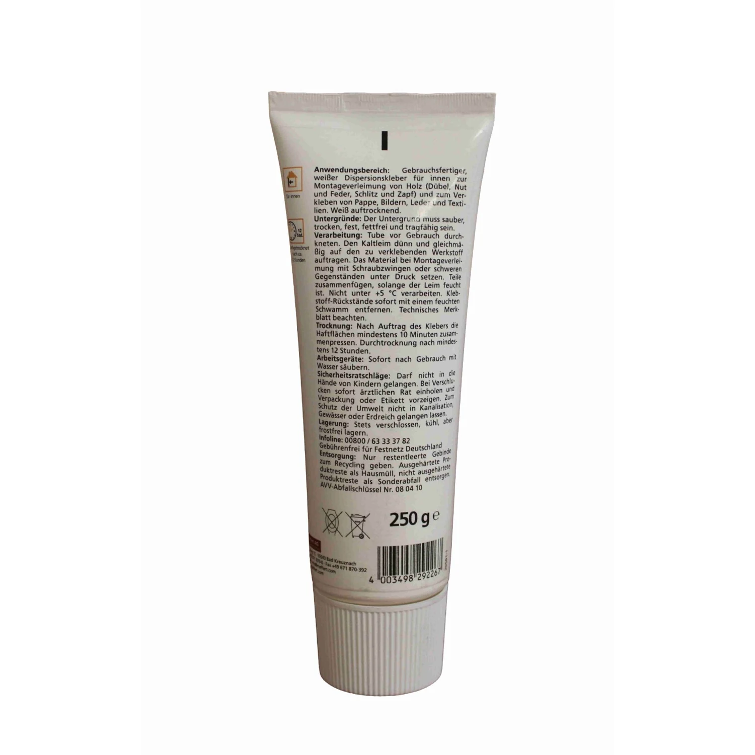 Pronova Kaltleim Holzleim weiß, Tube 250 g – Tube Rückseite