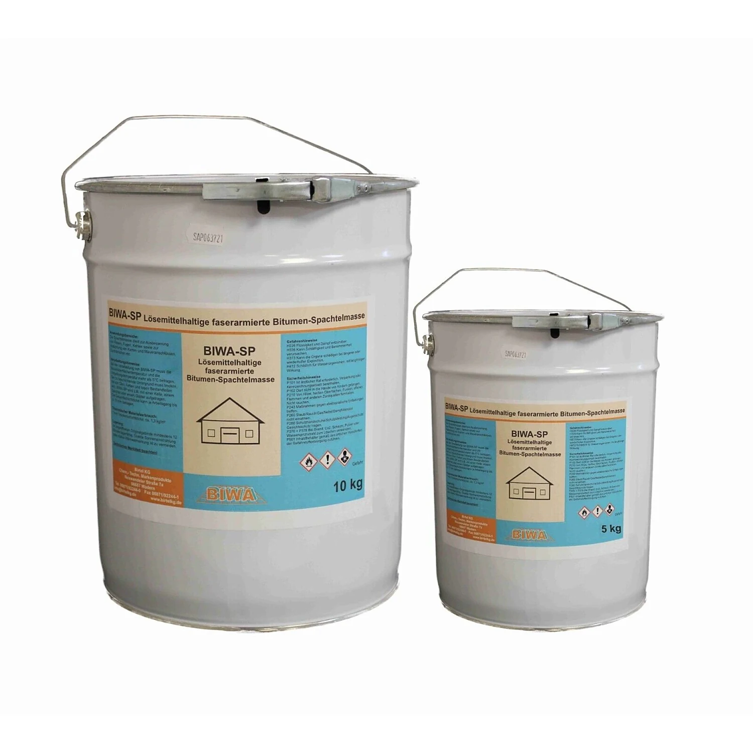 BIWA-SP Bitumen-Spachtelmasse, zwei Gebindegrößen im Weißblecheimer nebeneinander