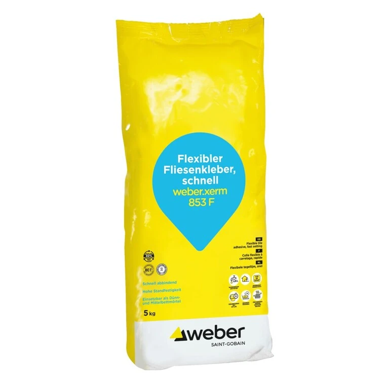 weber.xerm 853 F Fliesenkleber schnell, 25-kg-Foliensack grau, Freisteller auf weißem Hintergrund