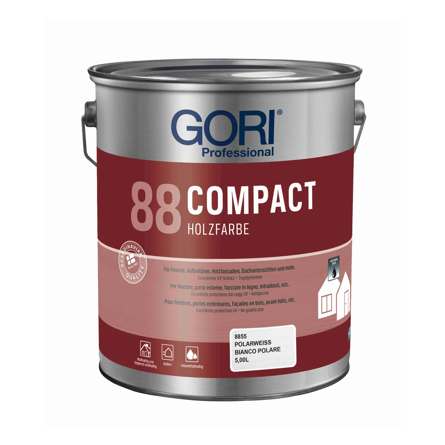Gori 88 Compact barva za les krovna polarno bela vedro 5 l z etiketo odtenka 8855, izdelek na beli podlagi