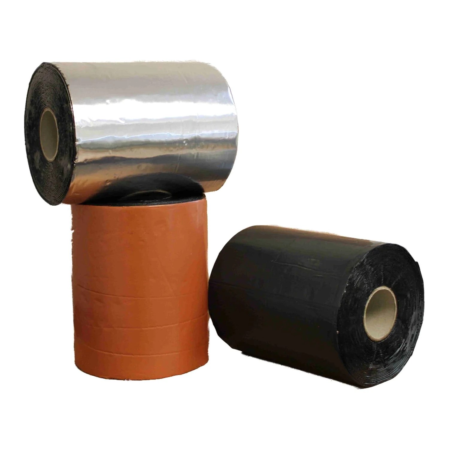 BIWA nastro bituminoso 200 mm x 10 m: rotoli impilati in alluminio, rosso mattone e nero con vista sull'anima del rotolo