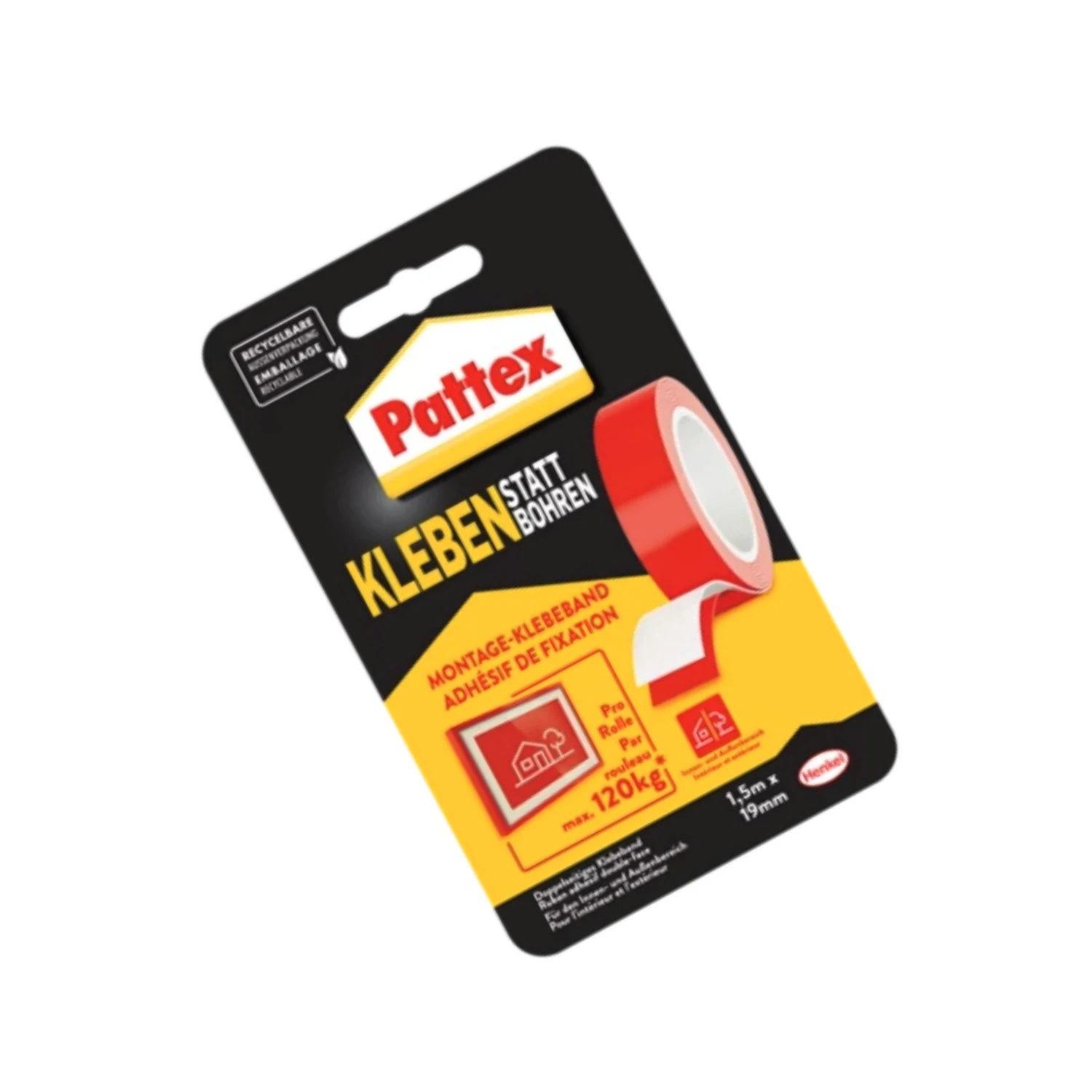 Pattex Kleben statt Bohren Montageband 19 mm x 1,5 m – Blisterverpackung schräg
