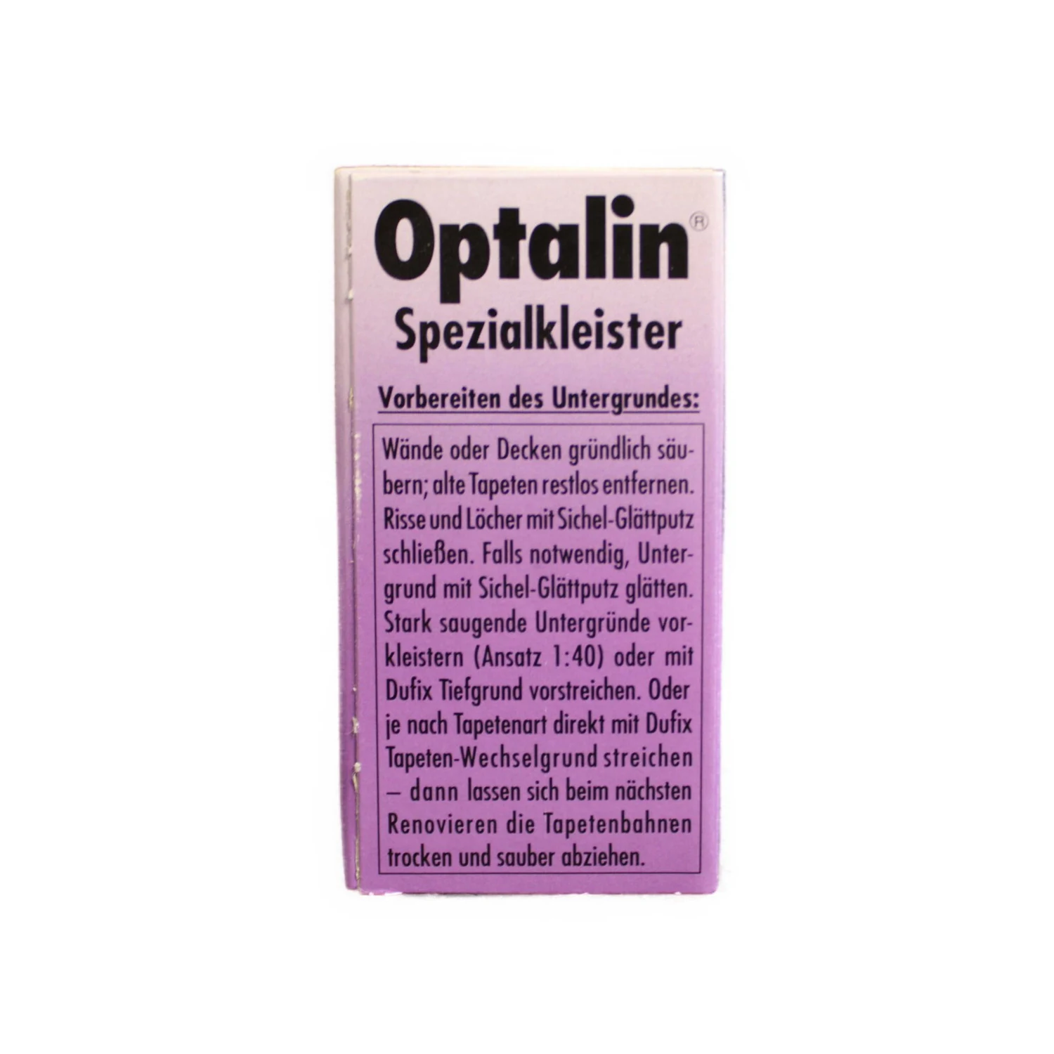Optalin Spezialkleister, Packung 200 g – Packungsseite mit Hinweisen zur Untergrundvorbereitung