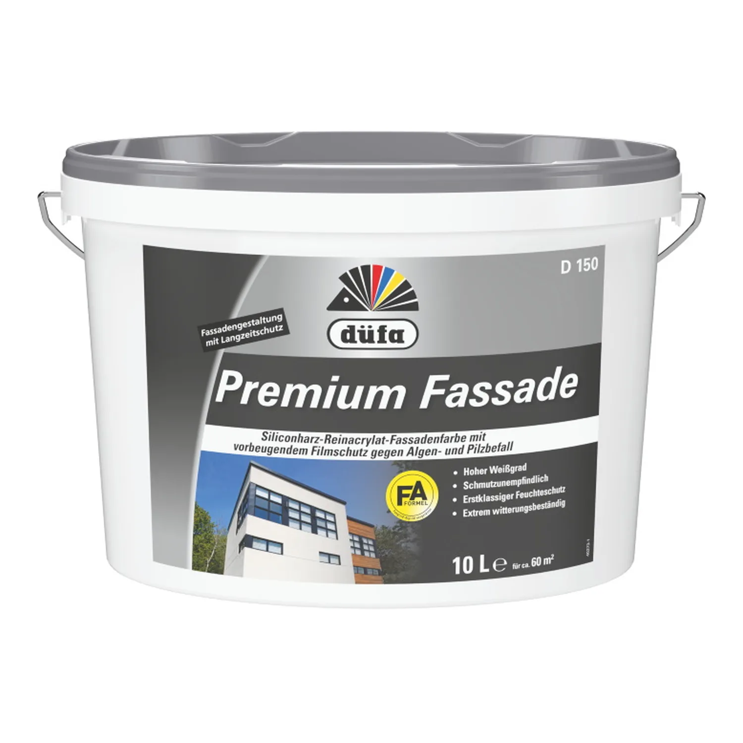 Düfa D150 Premium Fassade silikoneharpiks-facademaling hvid i spand med ny etiket, frilagt