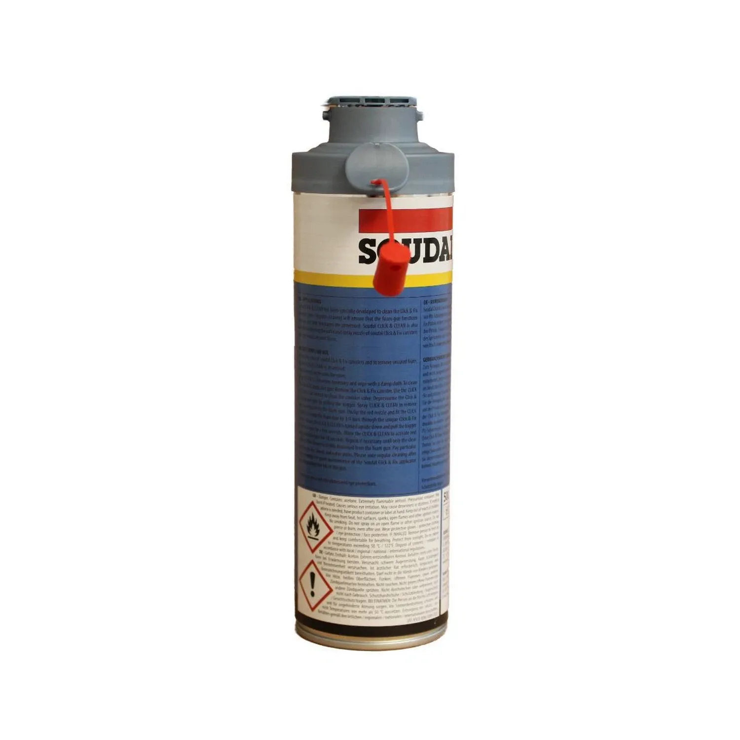 Soudal Click&Clean Pistolen- und Schaumreiniger 500 ml, Dose Rückseite mit Gefahrenhinweisen