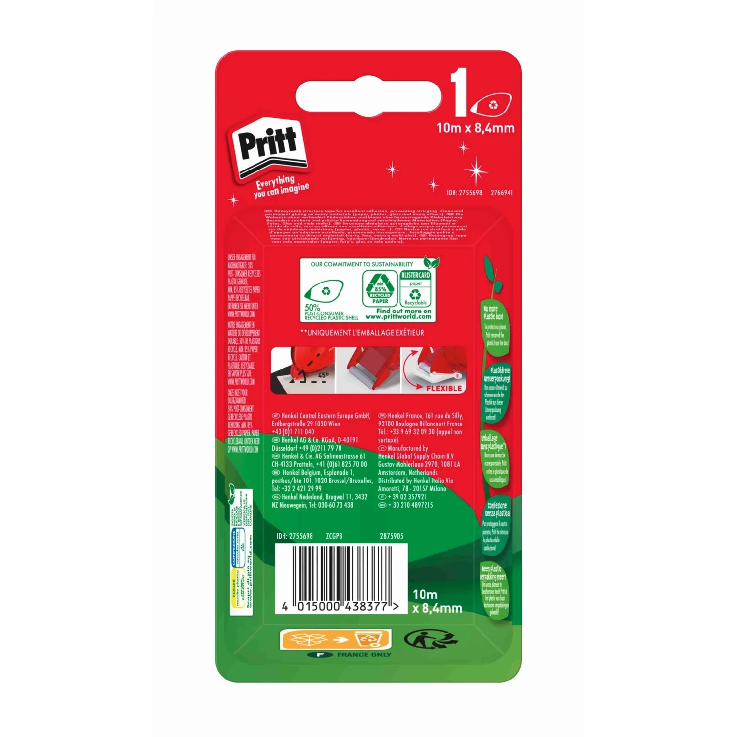 Pritt Kleberoller Compact permanent, 8,4 mm × 10 m – Blisterverpackung Rückseite