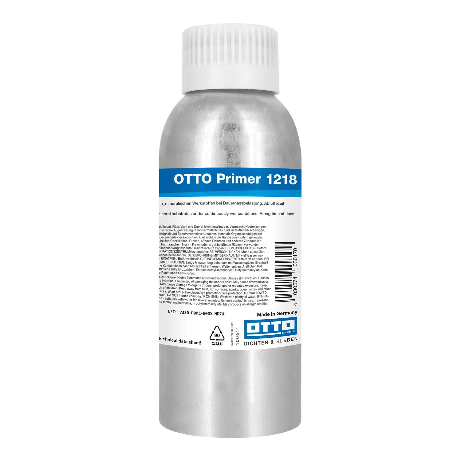 OTTO Primer 1218 permanent-wet primer in 250 ml aluminium bottle, cut-out on white background