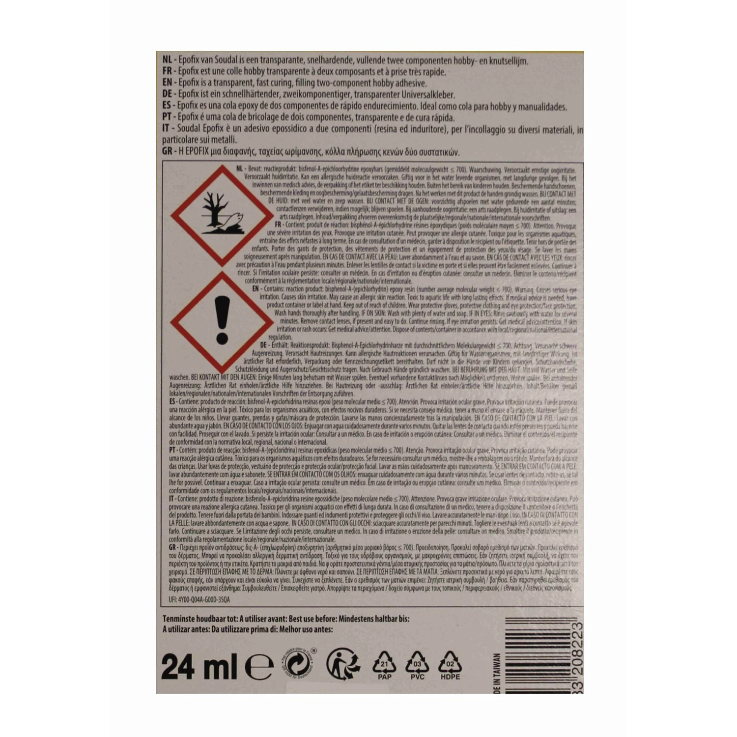 Soudal Epofix 2K Epoxid Schnellkleber, Spritze 24 ml – Verpackungsrückseite mit Gefahrenhinweisen