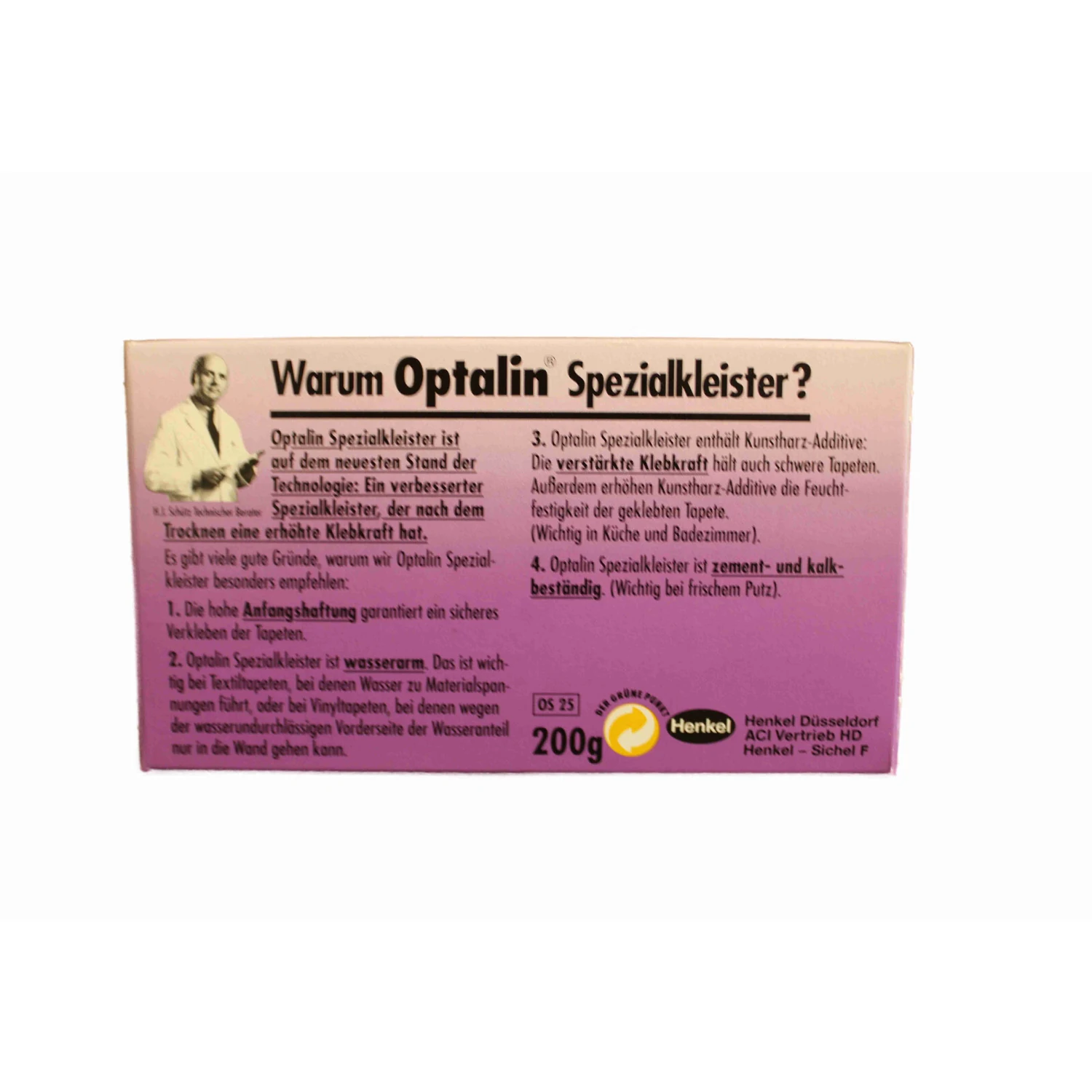 Optalin Spezialkleister, Packung 200 g – Packung Rückseite mit Produktvorteilen