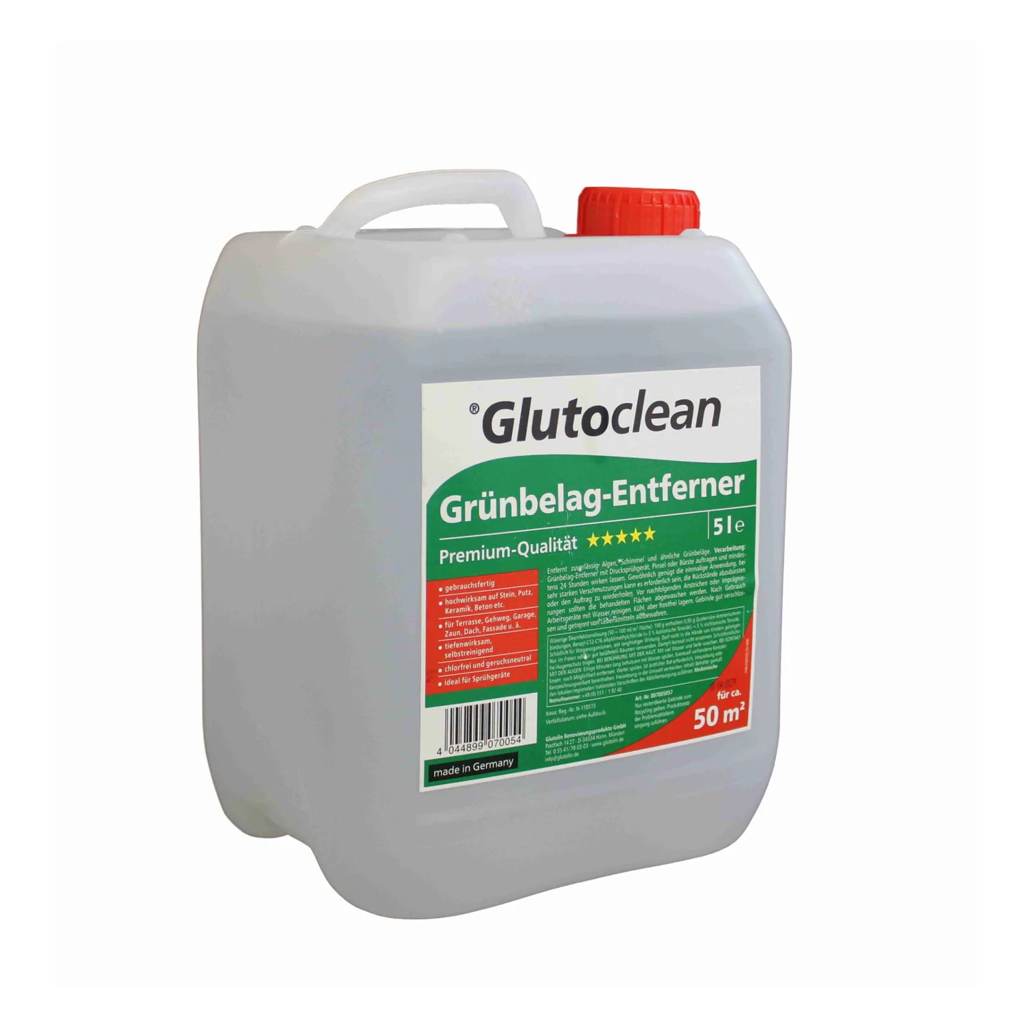 Glutoclean odstranjevalec zelenih oblog, kanister 5 l poševno z leve z ročajem in etiketo