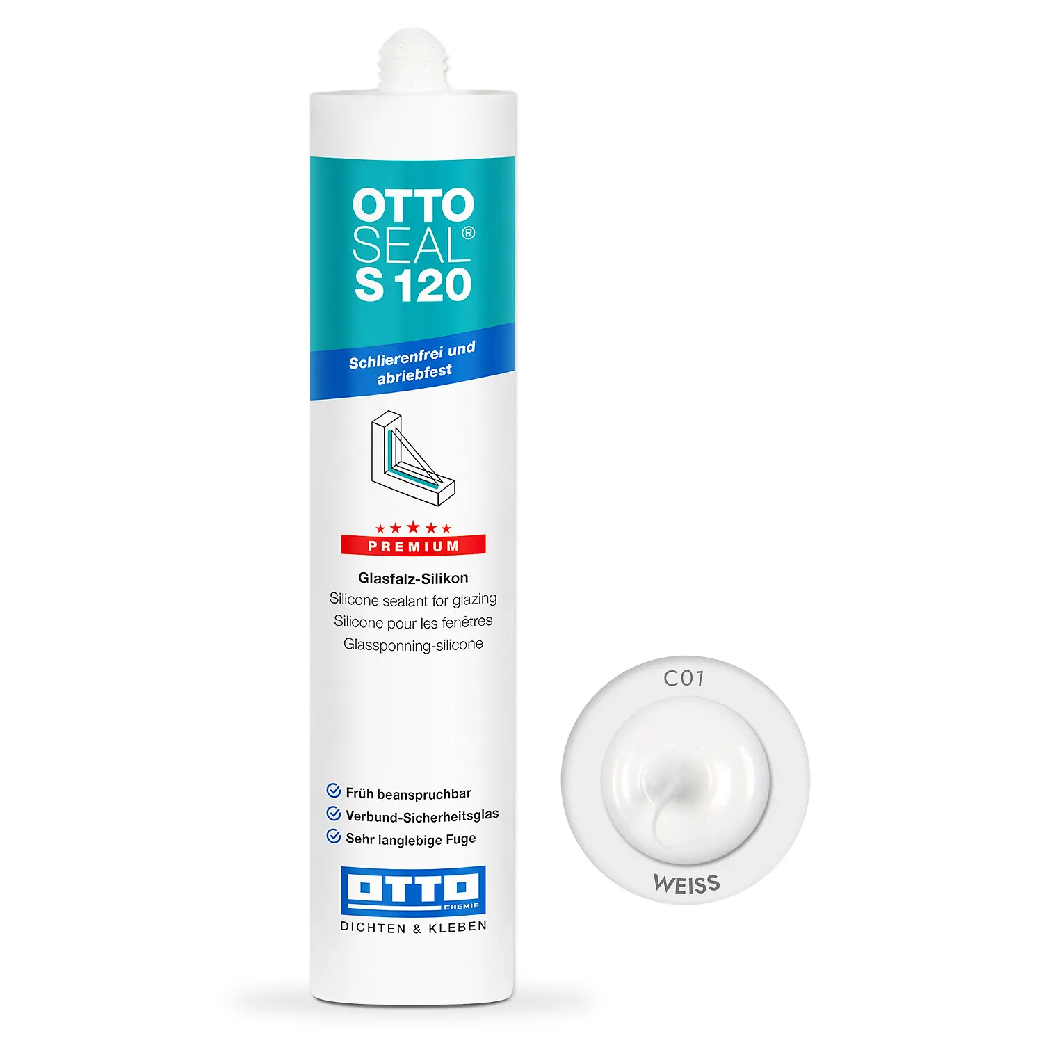 Ottoseal S120 Fenstersilikon weiß 310ml, farbiger Silikondichtstoff für Fensterfugen und Fensterbau
