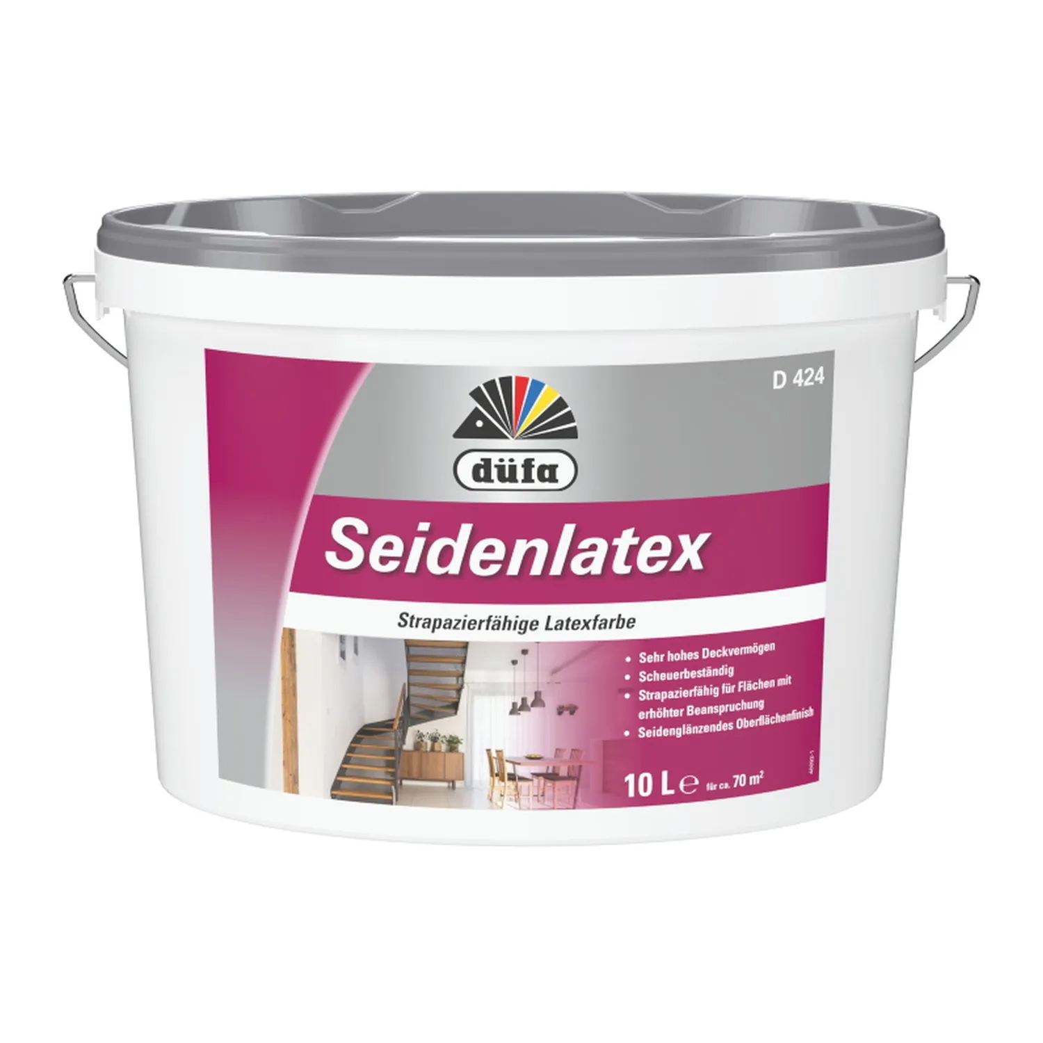 Düfa D424 silkelatex latexmaling silkeblank hvid i spand, frilagt på hvid baggrund