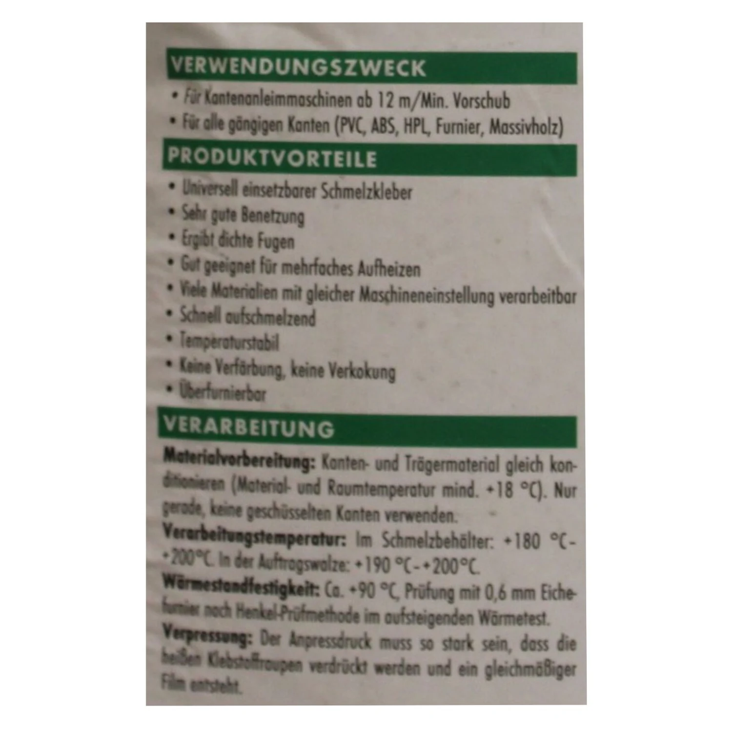 Ponal Promelt KS217 Schmelzklebstoff weiß, Sack 25 kg – Sackaufdruck mit Verwendungszweck und Verarbeitungshinweisen