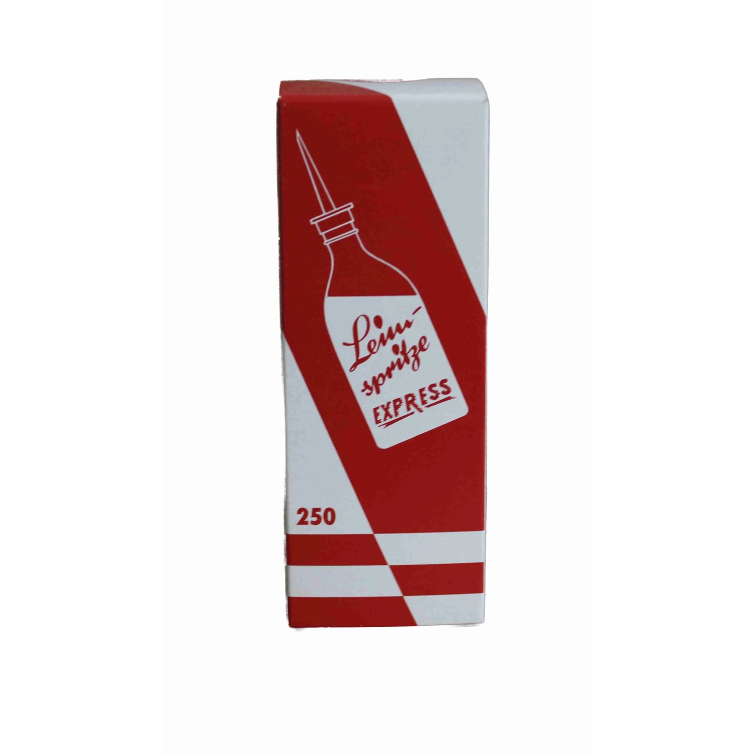 Leimflasche leer mit Dosierspitze, 250 ml transparent – Faltschachtel Vorderseite