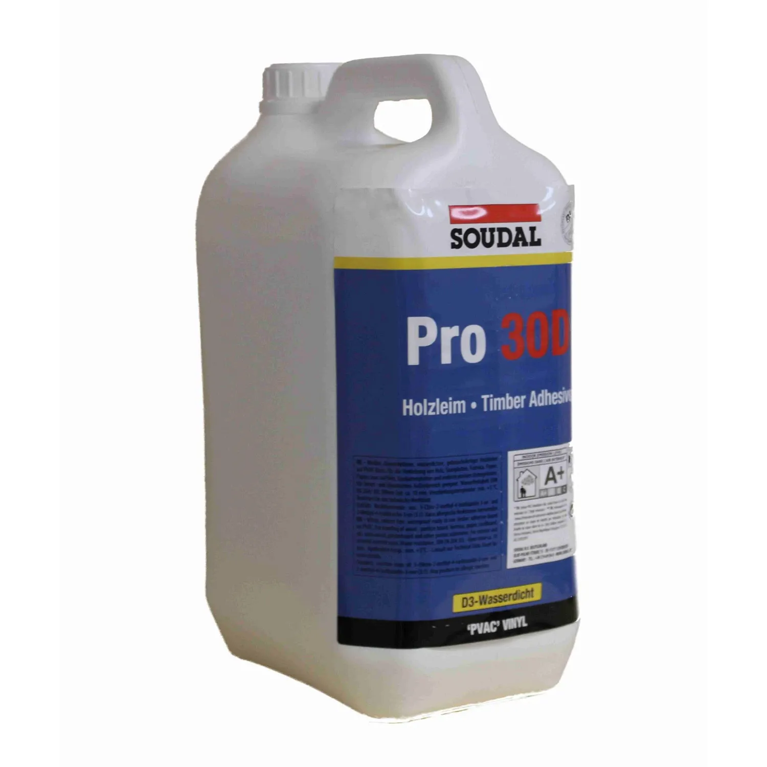 Soudal Holzleim Pro 30D Dispersionskleber wasserfest D3 5 kg, Kanister Vorderseite mit Etikett