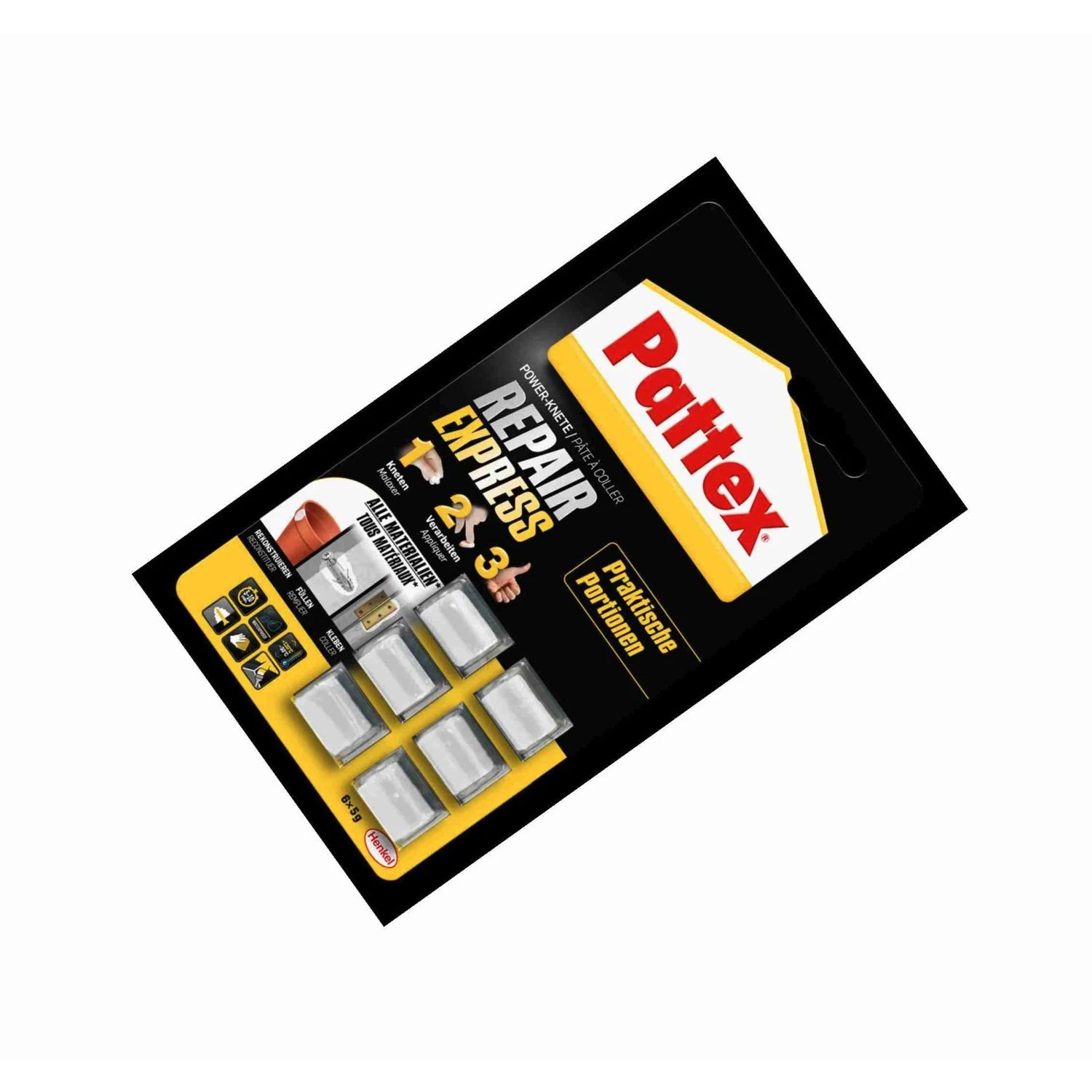 Pattex Repair Express Power Knete 2K Epoxid, 6 × 5 g – Blisterverpackung schräg