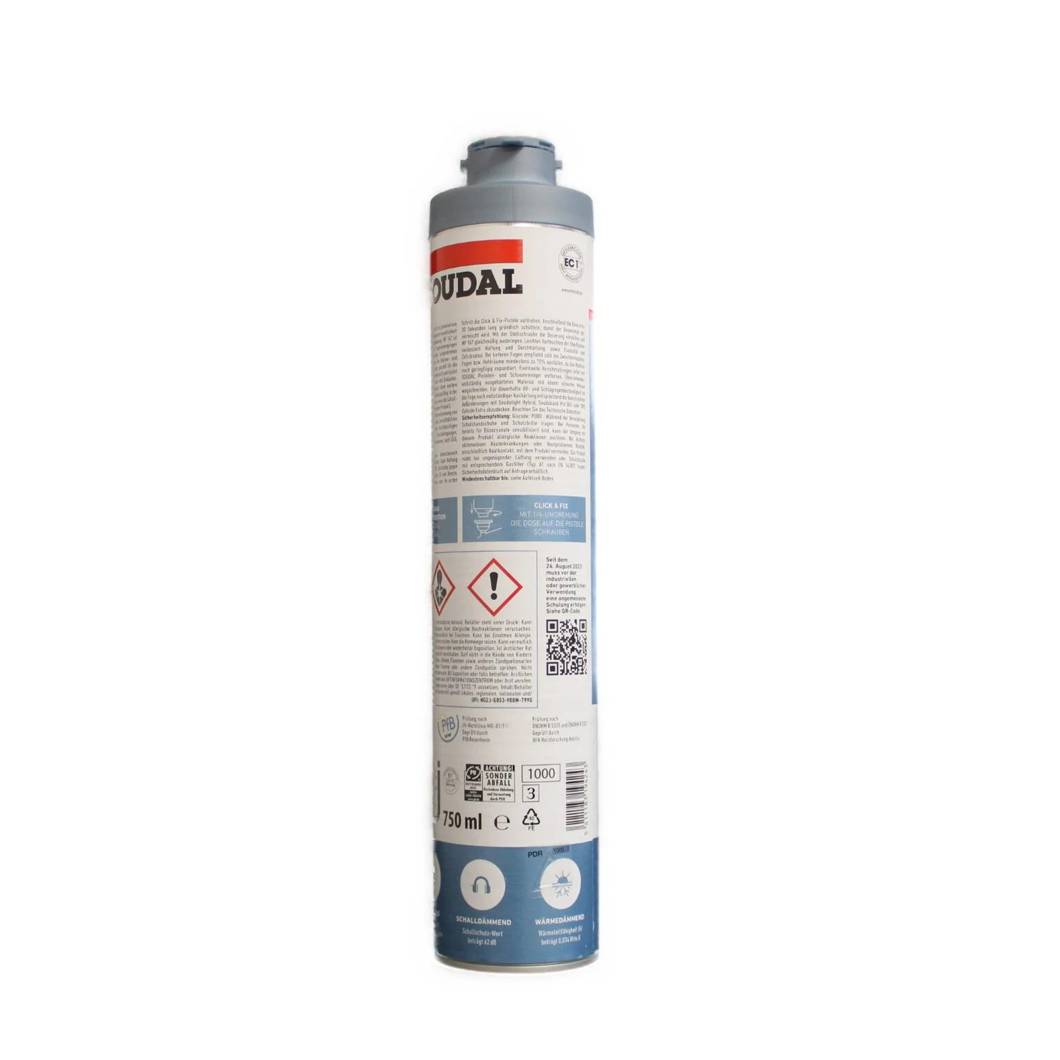 Soudal MF 167 Click / Fix Pistolenschaum B1 grau, 750 ml – Dose Rückseite mit Etikettentext