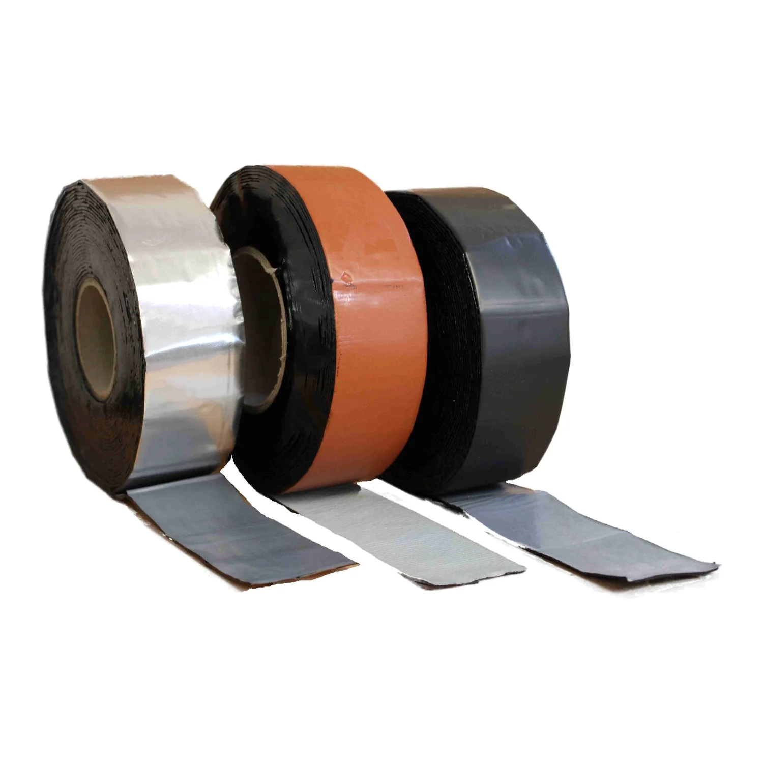 BIWA bitumen tape 50 mm x 10 m in aluminium, brick red and black: three rolls with unrolled tape ends