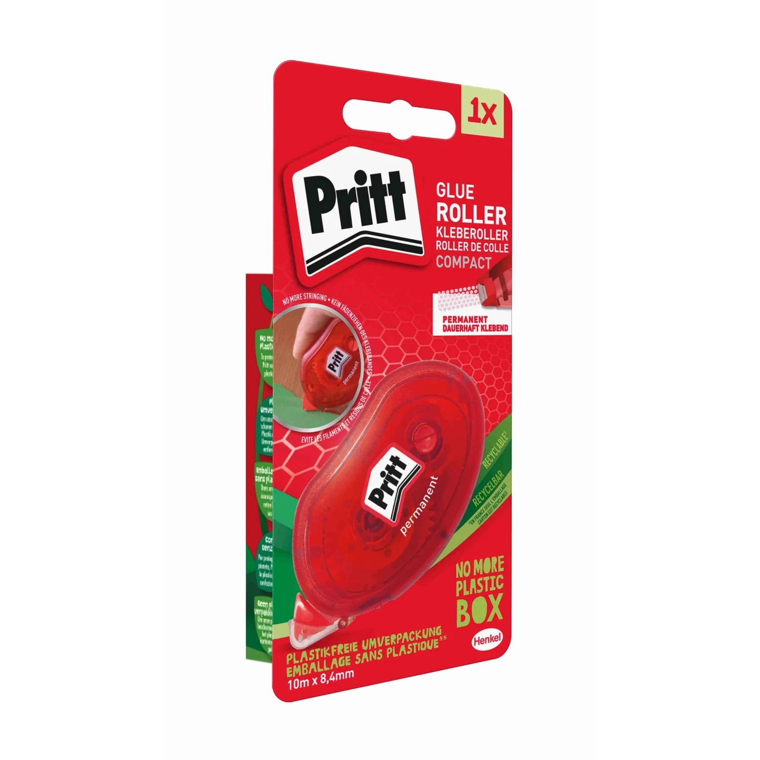 Pritt Kleberoller Compact permanent, 8,4 mm × 10 m – Blisterverpackung, seitlich gedreht