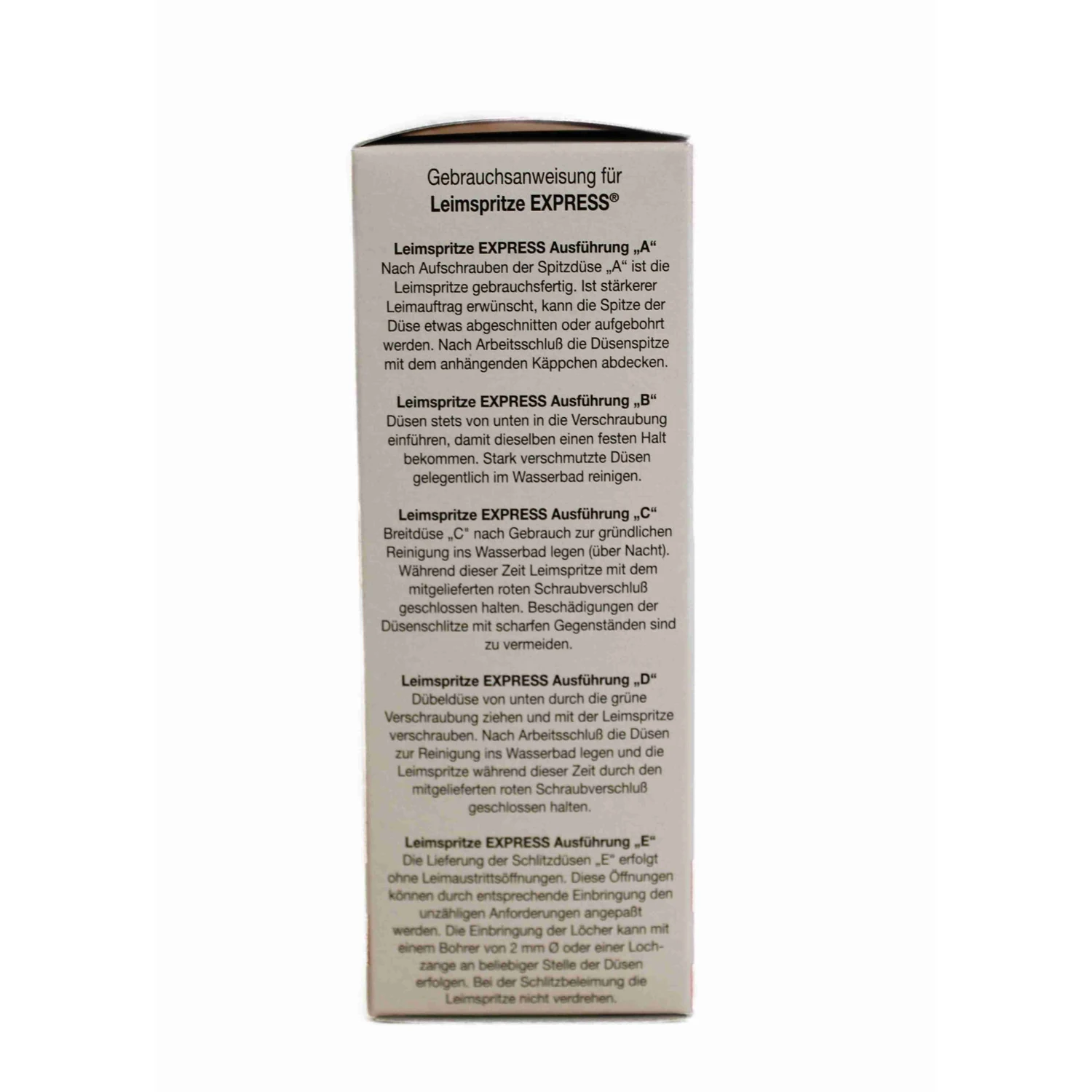 Leimflasche leer mit Dosierspitze, 250 ml transparent – Faltschachtel Rückseite mit Gebrauchsanweisung