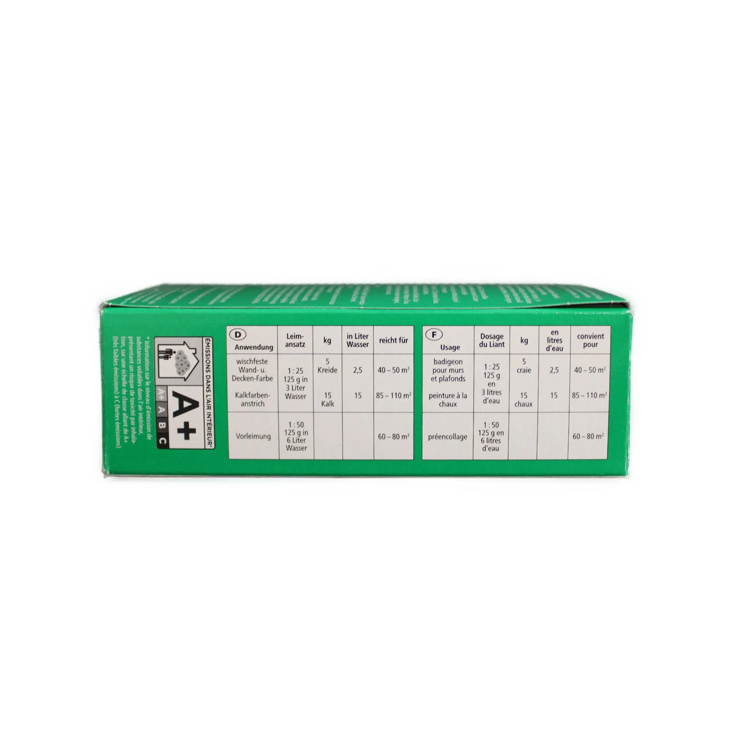 Glutolin L Farbenleim Bindemittel, Packung 125 g – Packungsseite mit Anwendungstabelle