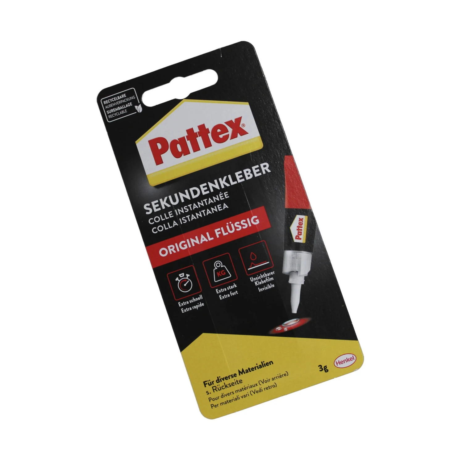 Pattex Sekundenkleber Original flüssig, Tube 3 g – Blisterverpackung Vorderseite