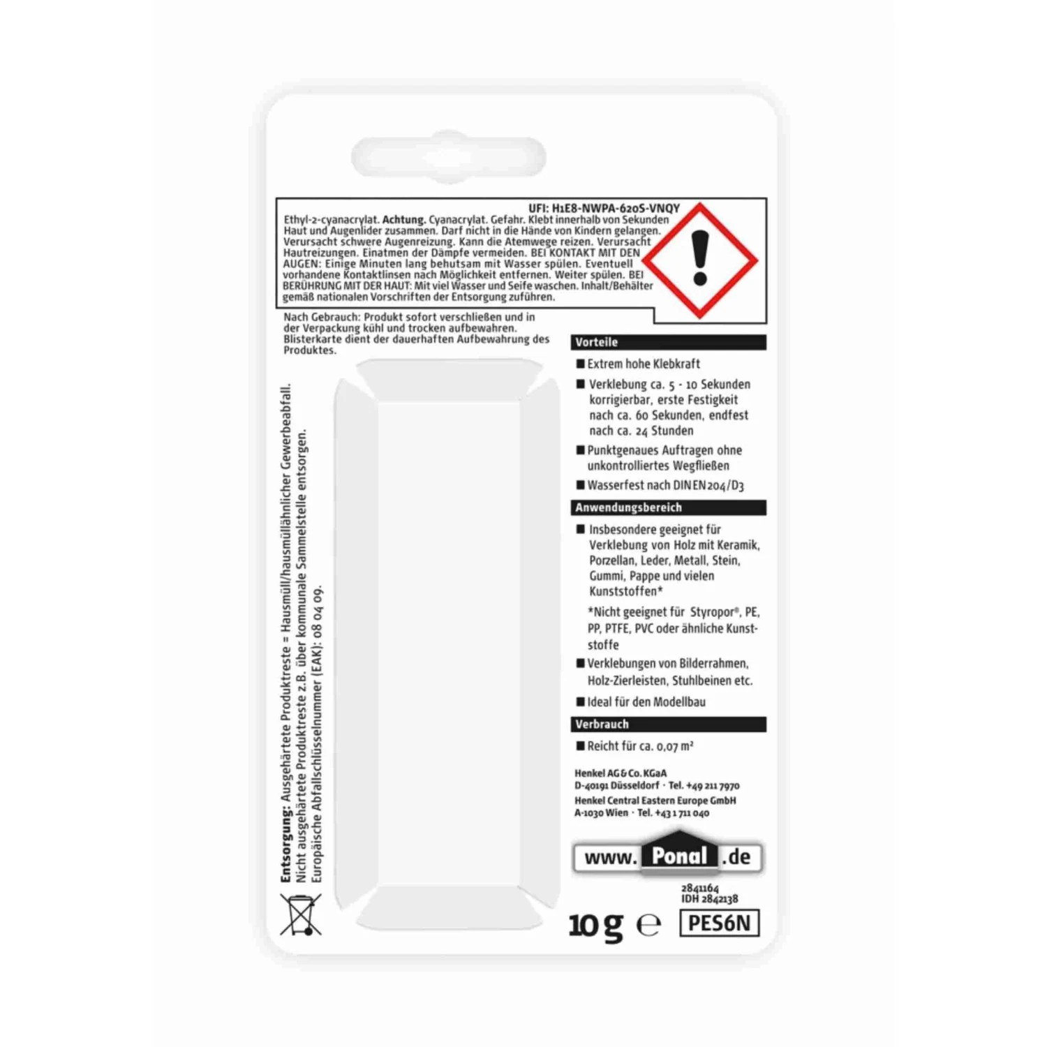 Ponal Turbokleber Holz-Kombi-Kleber, Tube 10 g – Blisterverpackung Rückseite