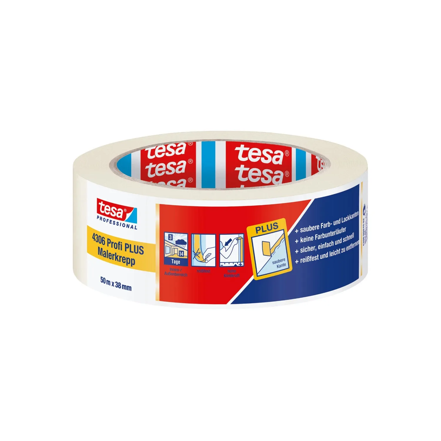 Tesa Tesakrepp 4306 Premium Malerkrepp scharfe Farbkante 50 m, Rolle 38 mm breit