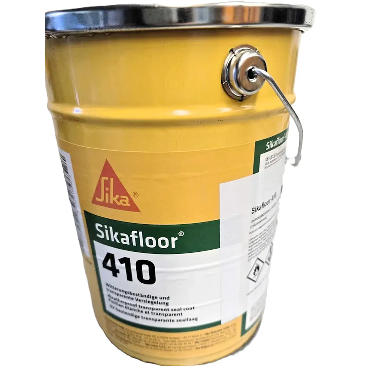 Sika Sikafloor-410 PU-Versiegelung, gelbes Metallgebinde schräg von der Seite mit Produkt- und Gefahrenetikett