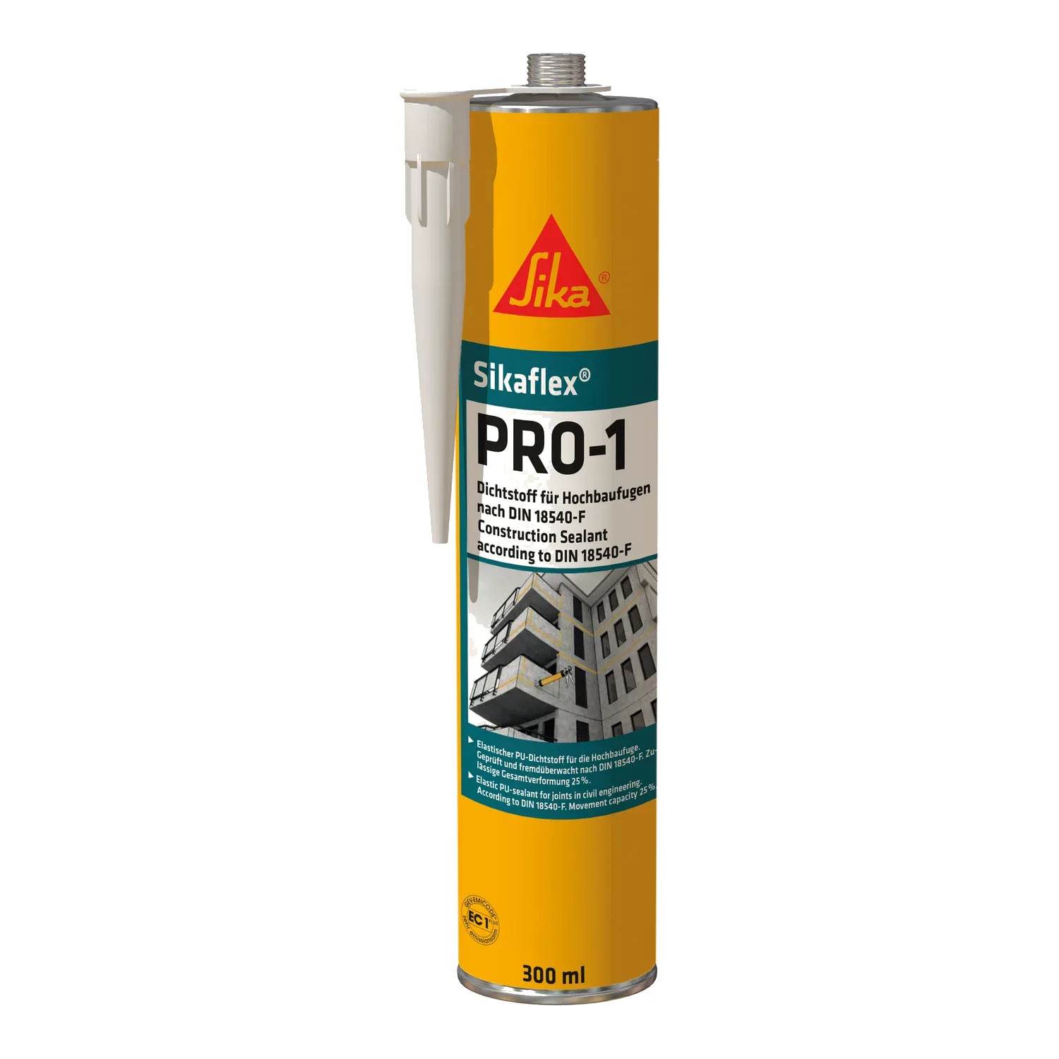 Sika Sikaflex PRO-1 PU tesnilna masa za fuge v visokogradnji, kartuša 300 ml s šobo, izdelek na beli podlagi