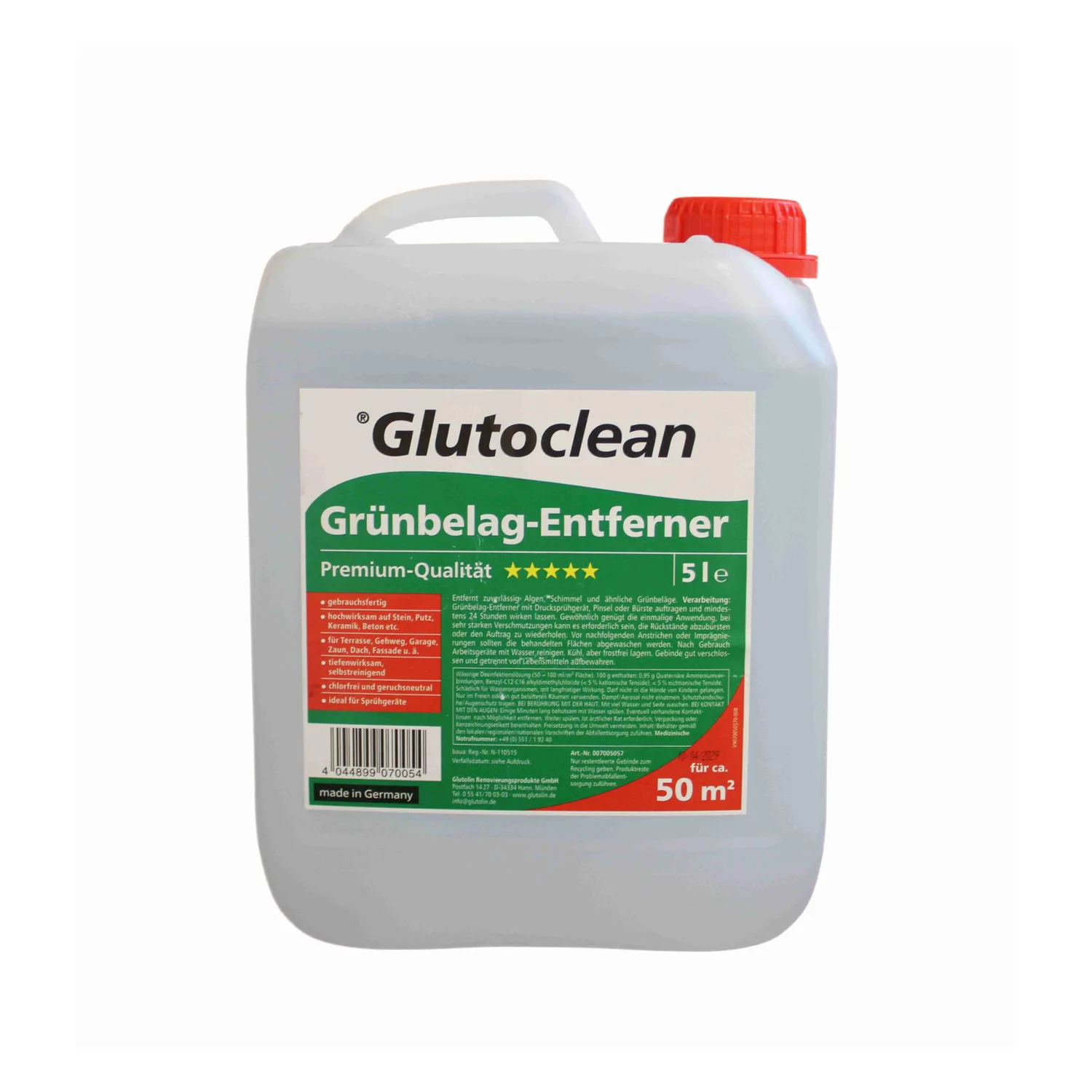 Glutoclean odstranjevalec zelenih oblog, kanister 5 l z etiketo, pogled od spredaj, izdelek na beli podlagi