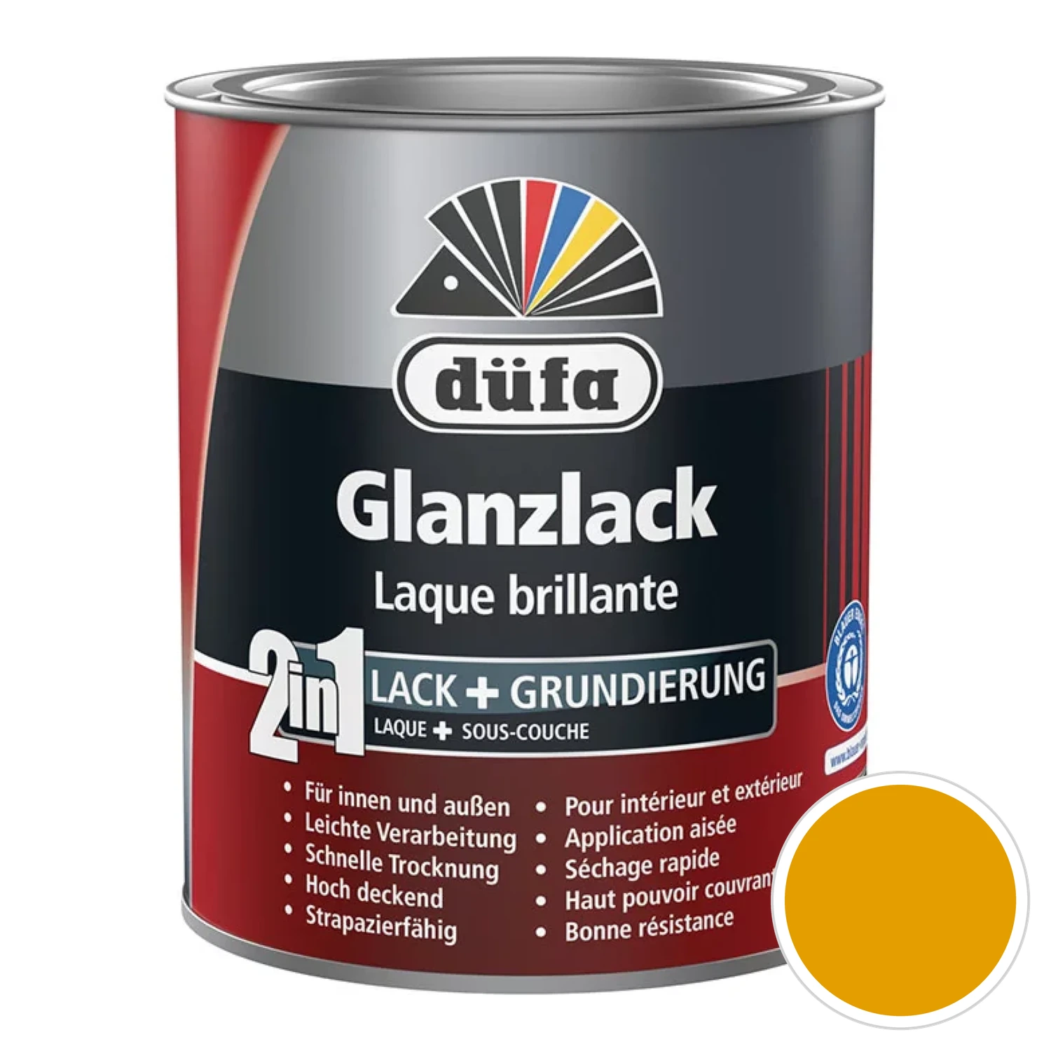 Düfa 2in1 hoogglanslak bus met kleurstip voor de kleur RAL 1004 goudgeel, vrijstaand
