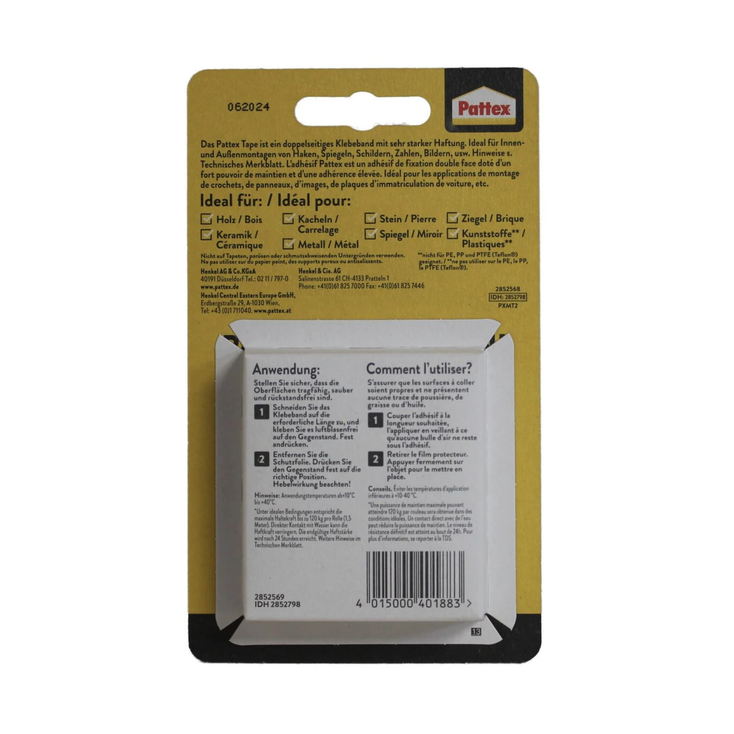 Pattex Kleben statt Bohren Montageband 19 mm x 1,5 m – Blisterverpackung Rückseite mit Anwendungshinweisen