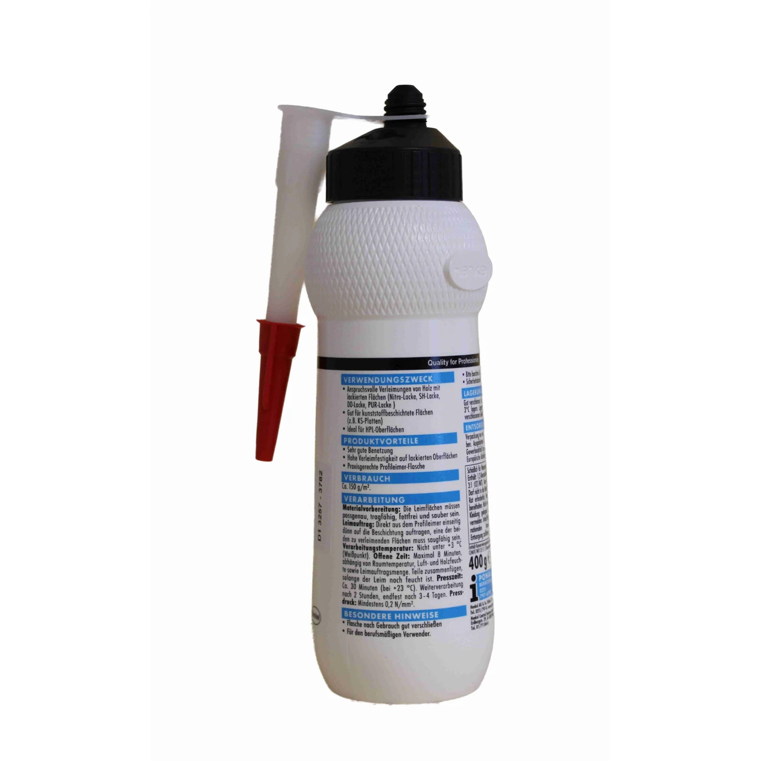 Ponal lacquer glue cream, bottle 400 g – bottle back with nozzle