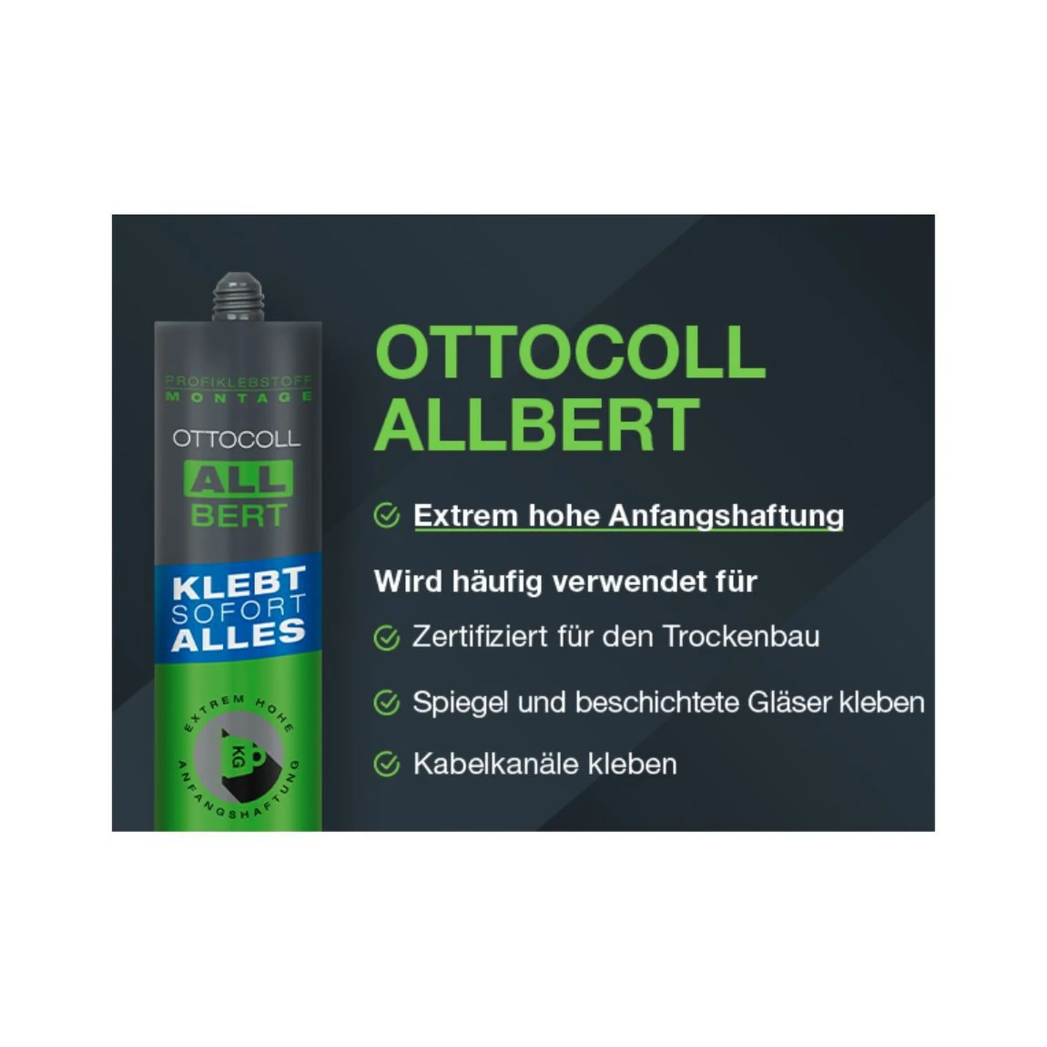 Ottocoll ALLBERT Montagekleber weiß, Kartusche 290 ml – Produktgrafik mit Einsatzbereichen: Trockenbau, Spiegel, Kabelkanäle